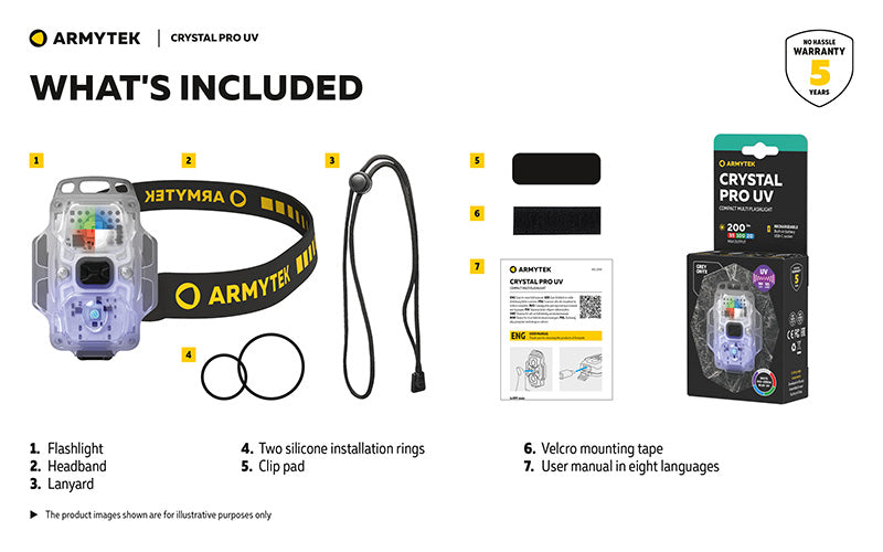 Lampe Frontale Armytek Crystal PRO UV – 200 Lumens - Lumière Blanche/Rouge/Verte/Bleu/UV