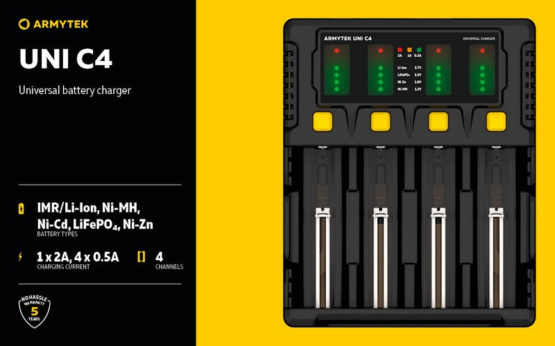Chargeur Uni C4 – Batteries Li-ion, IMR, Li-FePO4, Ni-MH, Ni-Cd, Ni-Zn