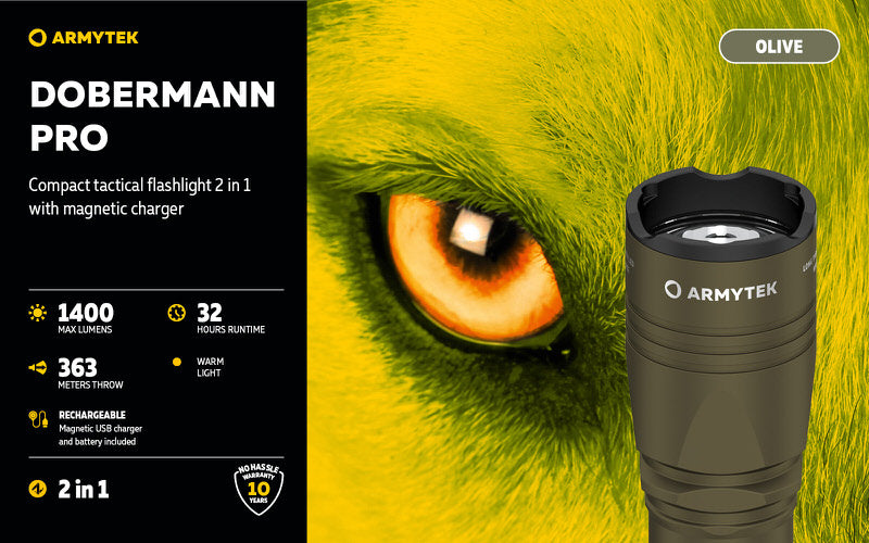 Dobermann Pro OLIVE Magnet USB – 1400 Lumens