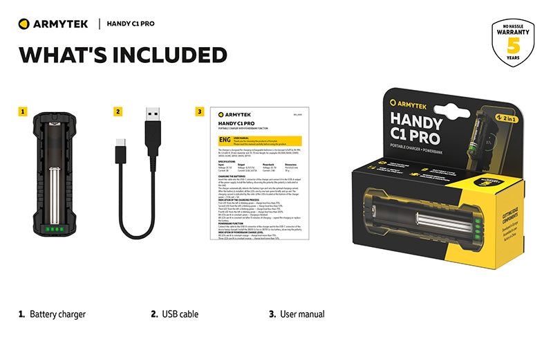 Chargeur Universel Handy C1 Pro USB-C - 2 en 1 - Powerbank - Li-Ion et Ni-MH