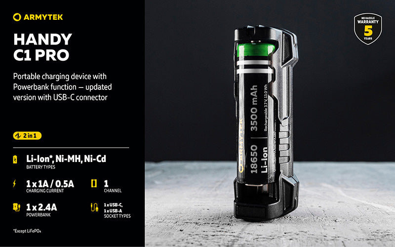 Chargeur Universel Handy C1 Pro USB-C - 2 en 1 - Powerbank - Li-Ion et Ni-MH