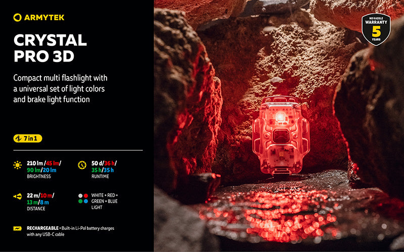 Crystal PRO 3D – 210 Lumens - Lumière Blanche/Rouge/Verte/Bleue - Fonction Feu de Freinage - Accéléromètre