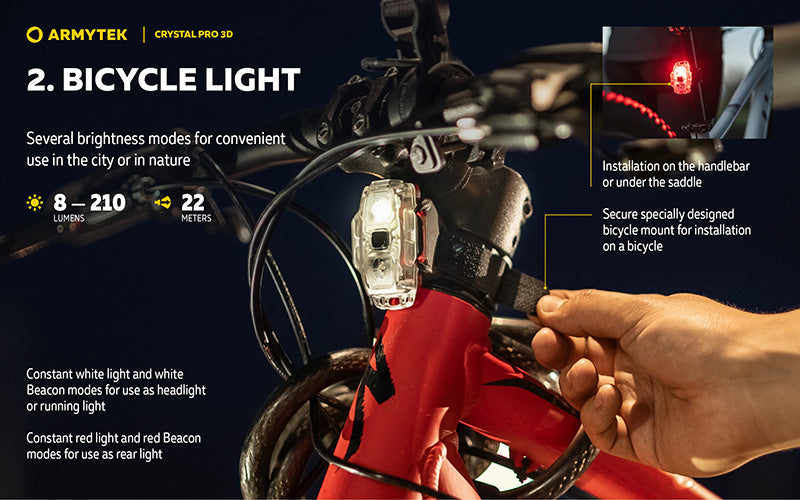 Crystal PRO 3D – 210 Lumens - Lumière Blanche/Rouge/Verte/Bleue - Fonction Feu de Freinage - Accéléromètre