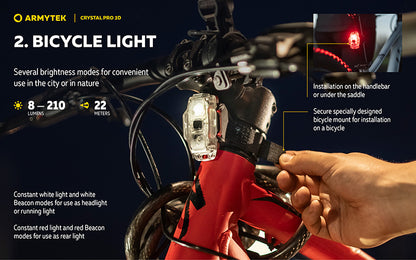 Crystal PRO 3D – 210 Lumens - Lumière Blanche/Rouge/Verte/Bleue - Fonction Feu de Freinage - Accéléromètre