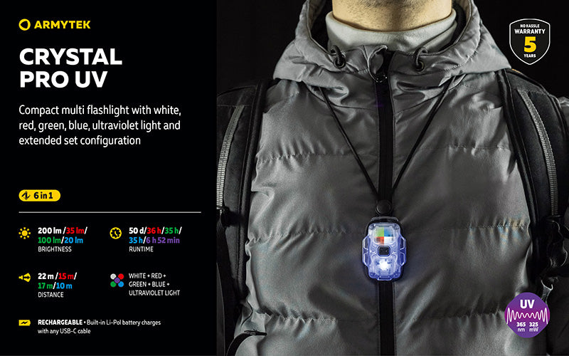Crystal PRO UV – 200 Lumens - Lumière Blanche/Rouge/Verte/Bleu/UV