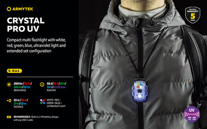 Lampe Frontale Armytek Crystal PRO UV – 200 Lumens - Lumière Blanche/Rouge/Verte/Bleu/UV