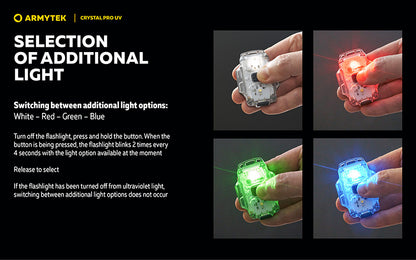 Lampe Frontale Armytek Crystal PRO UV – 200 Lumens - Lumière Blanche/Rouge/Verte/Bleu/UV