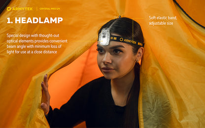 Lampe Frontale Armytek Crystal PRO UV – 200 Lumens - Lumière Blanche/Rouge/Verte/Bleu/UV