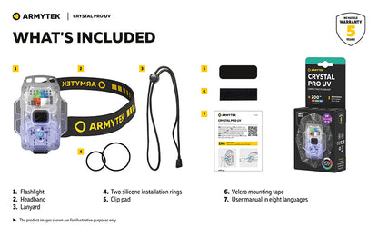 Lampe Frontale Armytek Crystal PRO UV – 200 Lumens - Lumière Blanche/Rouge/Verte/Bleu/UV