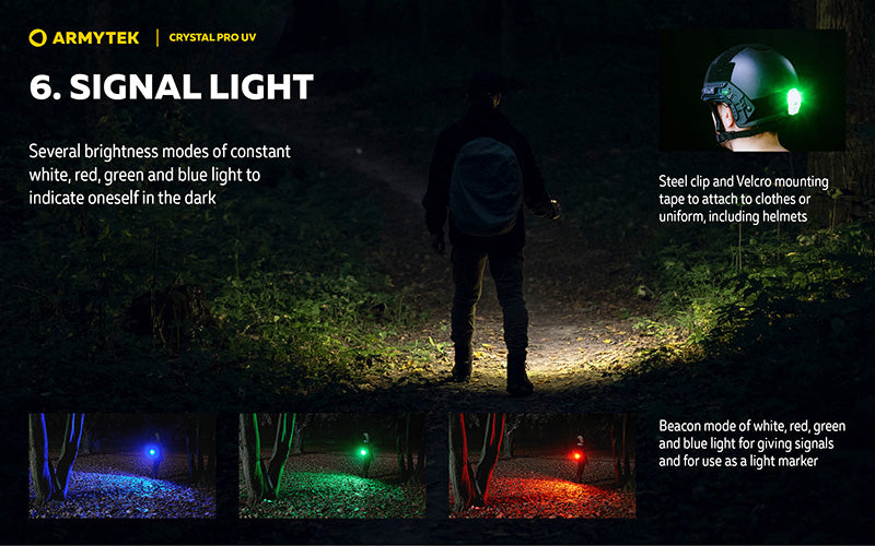 Lampe Frontale Armytek Crystal PRO UV – 200 Lumens - Lumière Blanche/Rouge/Verte/Bleu/UV