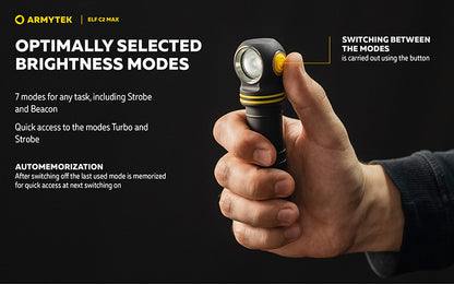 Lampe Frontale  Armytek Elf C2 Max 4500 Lumens - Faisceau Large 150° - 4 en 1 - Rechargeable USB-C