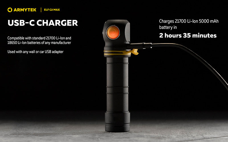 Lampe Frontale  Armytek Elf C2 Max 4500 Lumens - Faisceau Large 150° - 4 en 1 - Rechargeable USB-C