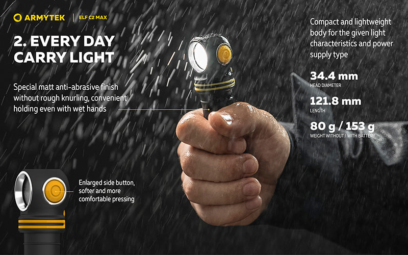 Lampe Frontale  Armytek Elf C2 Max 4500 Lumens - Faisceau Large 150° - 4 en 1 - Rechargeable USB-C