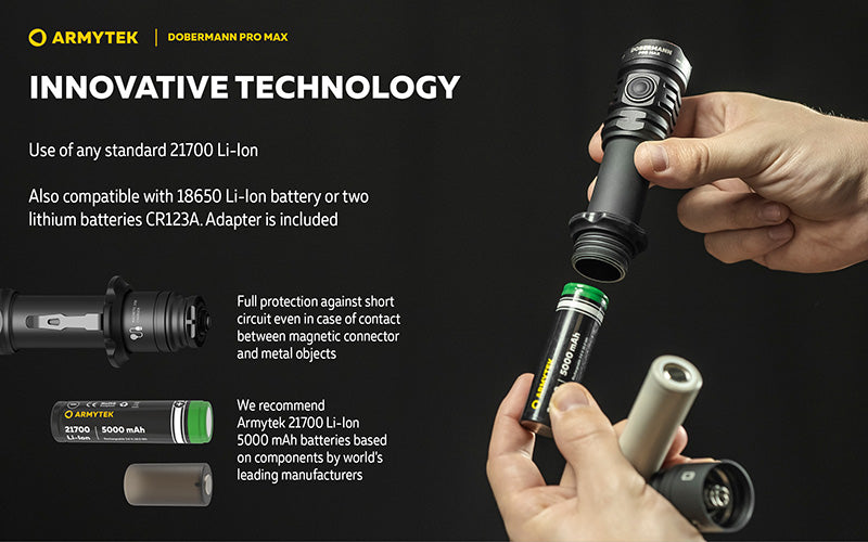 Lampe torche Armytek Dobermann Pro Max 3000 Lumens - Batterie 21700 Li-Ion 5000mAh