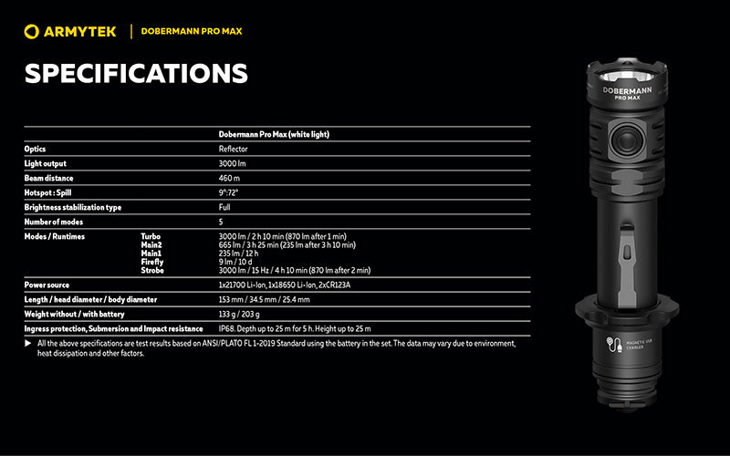 Lampe torche Armytek Dobermann Pro Max 3000 Lumens - Batterie 21700 Li-Ion 5000mAh