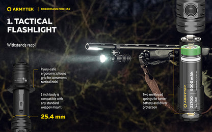 Lampe torche Armytek Dobermann Pro Max 3000 Lumens - Batterie 21700 Li-Ion 5000mAh