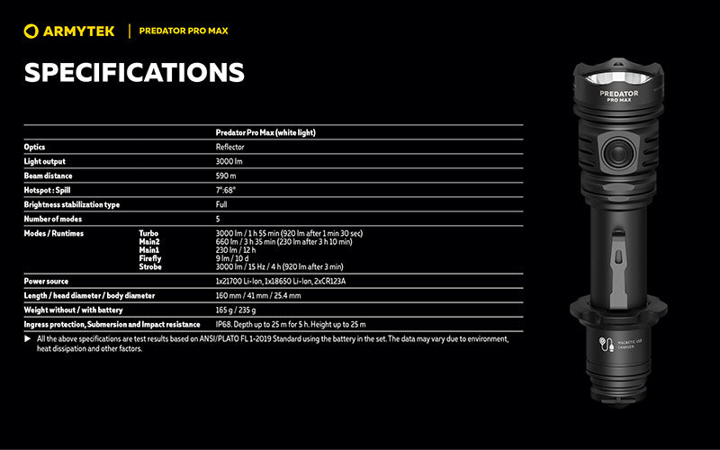 Lampe torche Armytek Predator Pro Max 3000 Lumens - Batterie 21700 Li-Ion 5000mAh