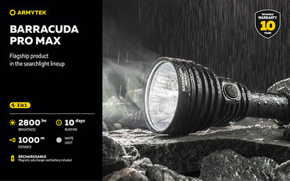 Barracuda Pro Max White 2800 Lumens - Portée 1000m - Rechargeable - Batterie 21700 Li-Ion
