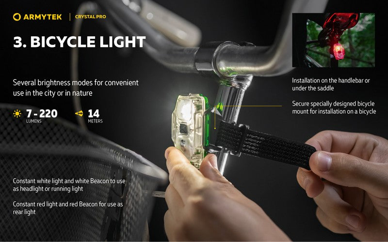Crystal PRO – 220 Lumens Blanc + 30 Lumens Rouge - Accéléromètre
