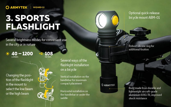 Lampe Frontale Armytek Wizard C2 WG – 1100 Lumens, LED Blanche, étanche IP68
