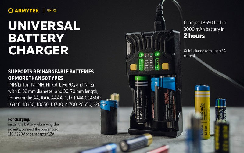 Chargeur Armytek Uni C2 universel pour batterie Li-ion, IMR, Li-FePO4, Ni-MH, Ni-Cd ARMYTEK FRANCE Chargeur Armytek Uni C2 universel pour batterie Li-ion, IMR, Li-FePO4, Ni-MH, Ni-Cd ARMYTEK FRANCE